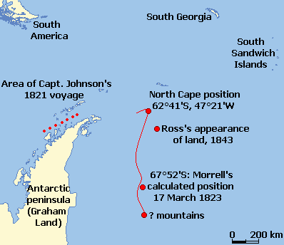 New South Greenland — modern explanatory map of reported positions