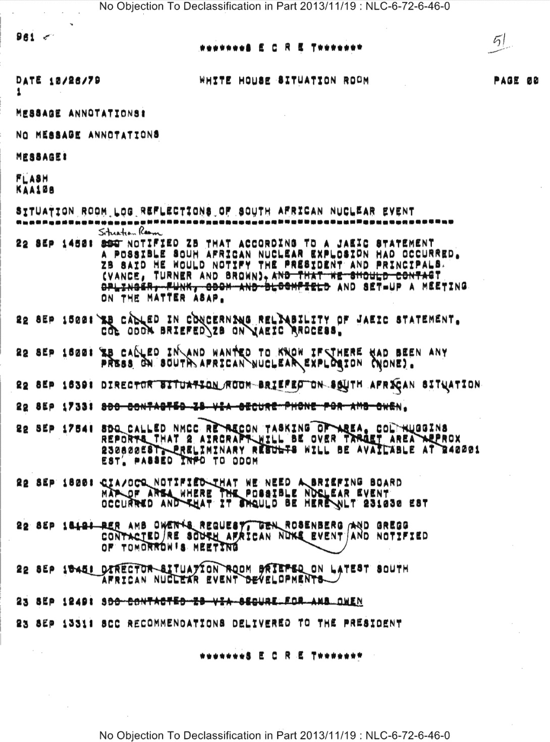 Declassified White House log concerning the 1979 Vela flash