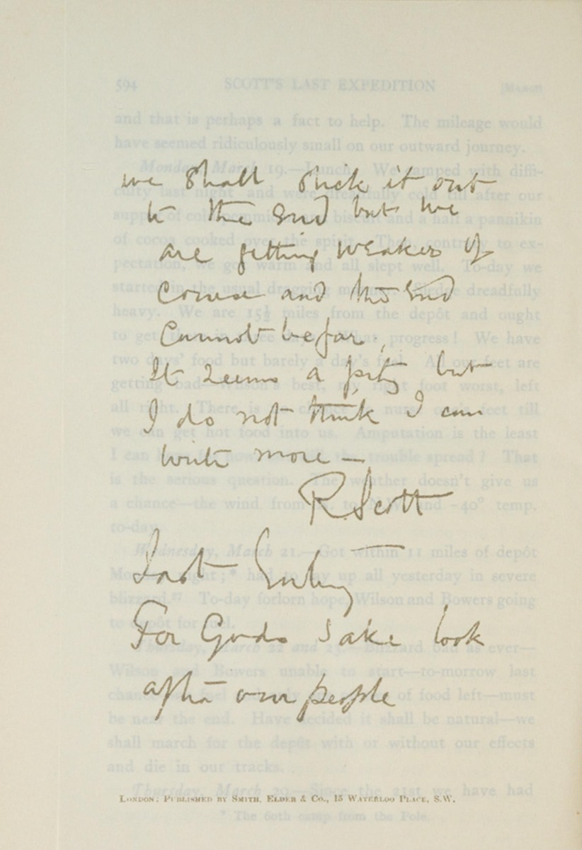 Scott’s final diary entry — printed facsimile published in 1913