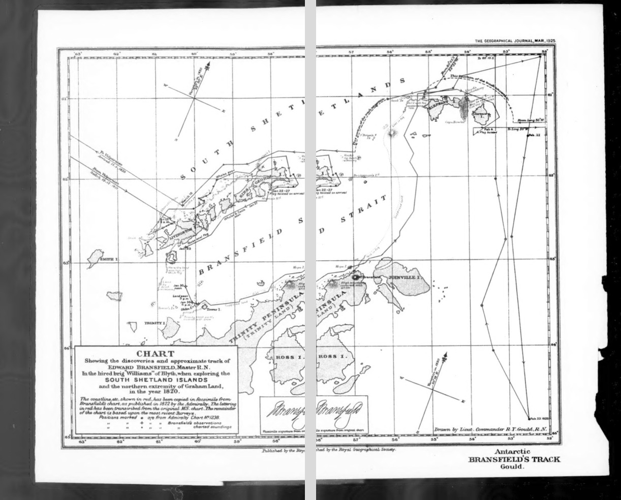 Bransfield discoveries and track, reconstructed chart by R. T. Gould, 1925