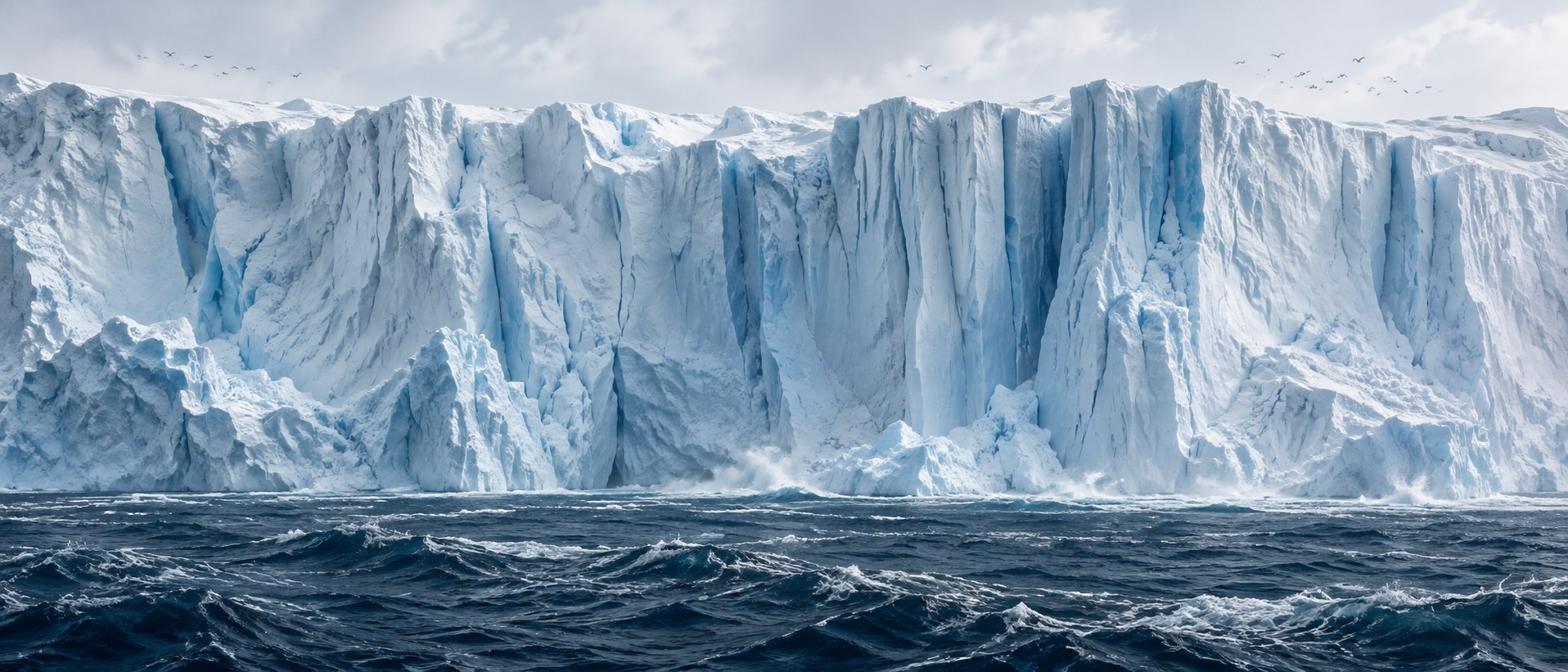 AI-generated conceptual illustration of a monumental ice cliff above a dark Antarctic-inspired sea; not a photograph of an identified place
