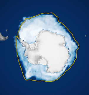 Map of Antarctic sea-ice extent on September 14, 2026, with the 1981–2010 median outlined.